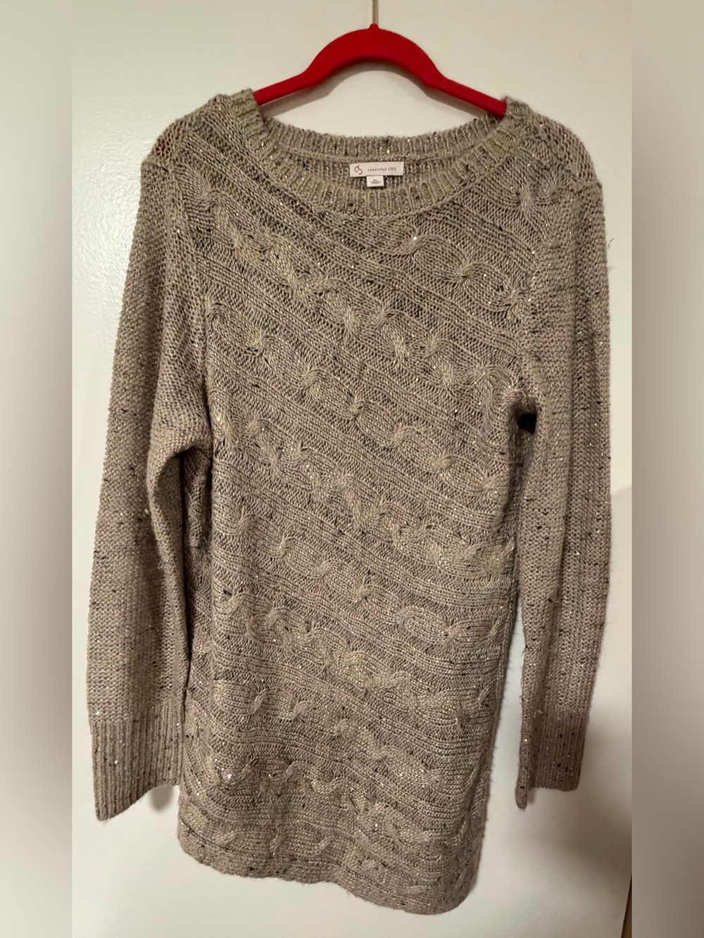 Sequin Cable Knit Tunic Sweater in Taupe